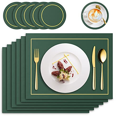 RIWNNI Manteles Individuales de Cuero PU, Juego de 6 Mantel Individual y 6 Posavasos, Lavables Antimanchas Antideslizante Salvamanteles Individuales, 41x31cm Rectangulares Salvamanteles, Verde