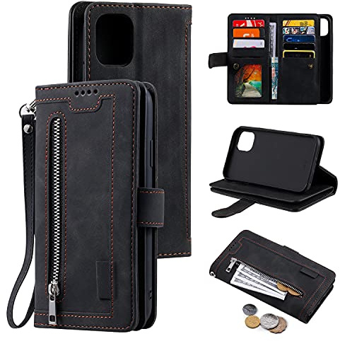 UEEBAI Hülle für iPhone 13 Pro, Retro Leder Klapphülle, Schwarz | Premium PU Handyhülle Magnetische Lederhülle mit 9 Kartenfächer Standfunktion Geldbörse Trageband Schutzhülle Wallet Case