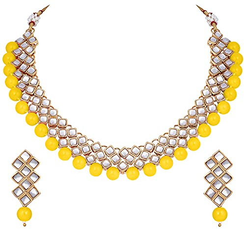 Aheli Stylish Bollywood Wedding Wear Necklace Earring Set Indian Ethnic Traditional Bharatanatyam jewellery set Gift for Women (Yellow)