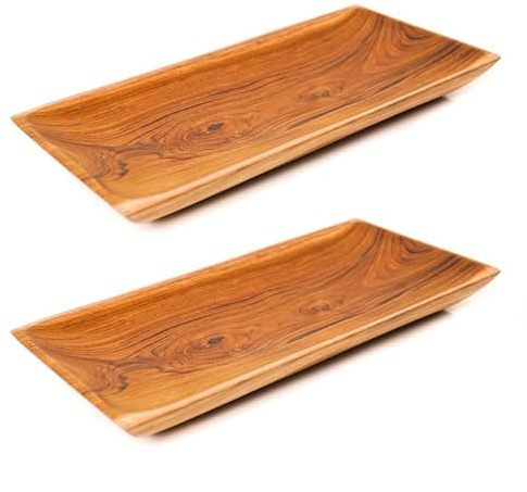 Rainforest Bowls Set of 2 Small Rectangular Javanese Teak Wood Plates- 10x5- Perfect for Everyday Use- Hot & Cold Friendly, Ultra-Durable, Premium Wooden Plates- Handcrafted by Indonesian Artisans
