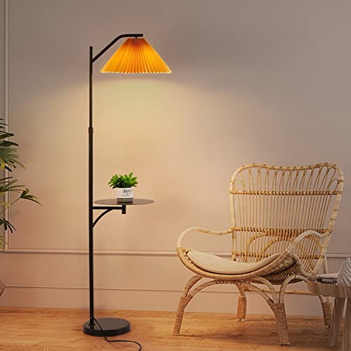 Hsyile Minimalist Tray Floor Lamp for Living Room,Bedroom,Office,Pleated Orange Shade - Modern Standing Arc Light with Hanging Lamp Shade,Black Finish