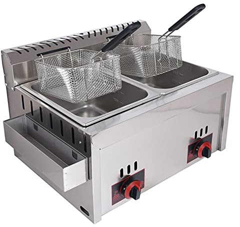 Friteuse à gaz Professionnelle, Friteuse Professionnelle, Friteuse 6Lx2 avec Double Couvercle Thermostat de Sécurité Friteuse, pour Famille Restaurant Commercial Frites