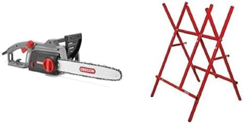 OREGON CS1200 Tronçonneuse Électrique à Fil 1800W et Chevalet de Sciage en Acier, Tronçonneuse Filaire avec Guide-Chaîne de 35 cm