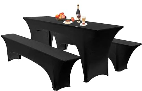 Elastische Hussen Für Bierzeltgarnitur Biertischhussen Bierbank-Auflage & Tischdecke 50 cm Oder 70 cm Tischbreite, 3 TLG Set Stretch Hussen Für Festzeltgarnituren Bierbank (70cm,Black)