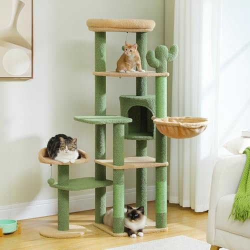 MUTTROS 59 Cactus Cat Tree, Large Cat Tree for Indoor Cats, Cat Tower for Large Cats, Multi-Level Tower, Condo with Hammock, Scratching Post, and 2 Perches, Green