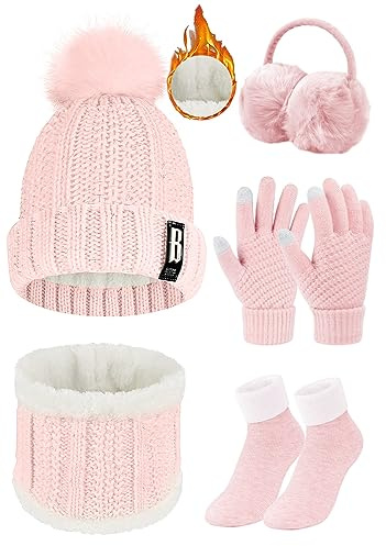 Voqeen Wintermütze Mütze Schal Handschuhe Set Damen Fleecefutter Strickmütze mit Pompon Touchscreen Handschuhe Weiche Wärmer Winter Ohrenschützer Socken Geschenke 5 Sets für Frauen