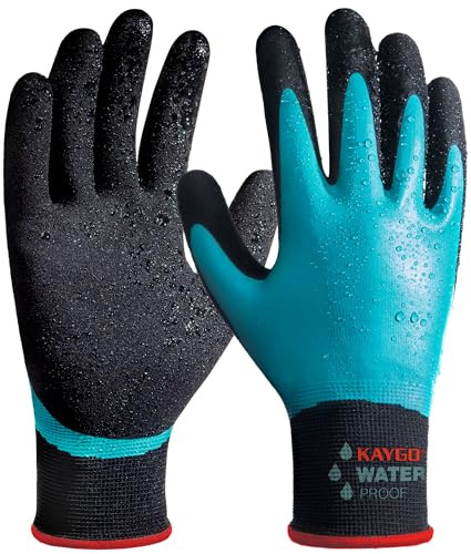 KAYGO guantes de trabajo impermeables para hombres y mujeres, recubrimiento de látex doble, súper agarre antideslizante, para jardinería, lavado de coches, pesca (Azul, S, talla 7, 1 par)