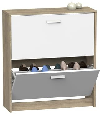 MUEBLES PITARCH | Zapatero Recibidor Mueble Auxiliar Estrecho 2 Puertas para Entrada Blanco y Roble Cambrian, 12 Pares de Zapatos, 82x74x25cm, Colección Tibet