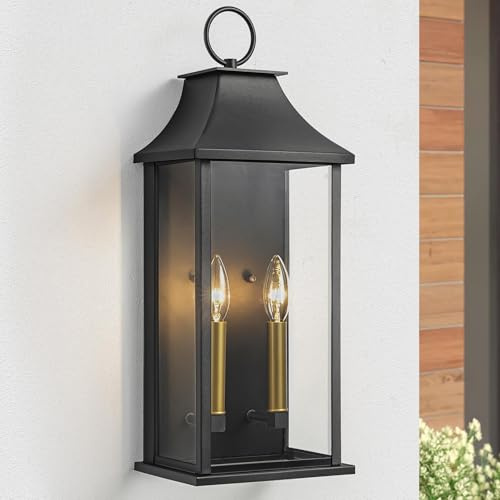 Lawyettle Dusk to Dawn Outdoor Wall Lantern 2-Light, 20.6 Large Outside Wall Sconce, Modern Black Wall Light Fixture with Glass, Waterproof Exterior Lamp for House, Porch, Garage