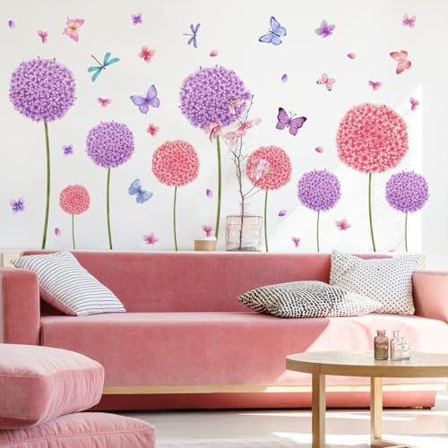 Sinekong Groß Wandtattoo Löwenzahn Wandaufkleber Lila Blumen Schmetterlinge Pflanzen Wandsticker Pusteblume für Wohnzimmer Schlafzimmer Büros Sofa Hintergrund Hause Flur Wanddekoration