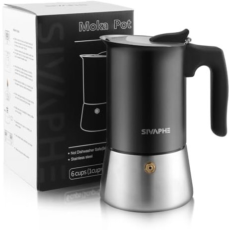 Sivaphe Cafetera de espresso de inducción, cocina de acero inoxidable, cafetera de espresso, cafetera moka, cafetera expreso sin aluminio, 6 tazas, 300 ml, color negro