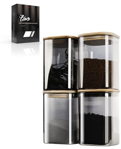 LIBWYS - Set di 4 barattoli con coperchio in bambù anti-UV, Vaso di vetro da cucina per conservazione, in 1 misure: 1150 ml– 4 pezzi