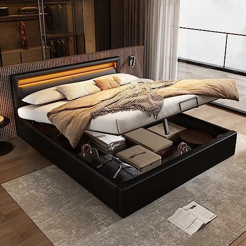 Ymkua Doppelbett Polsterbett 140x200 cm, Bett mit Stauraum und Lattenrost aus Holz, Jugendbett Stauraumbett mit LED-Kopfteil und Bettkasten, Hydraulisch Bettrahmen, Schwarz, PU, Ohne Matratze