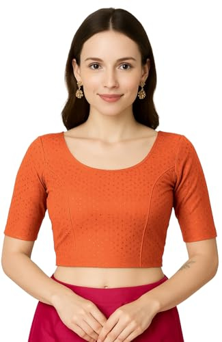 Jaanvi fashion Round Neck Dobby Pure Cotton Stretchable Elbow Sleeve Readymade Saree Blouse for Women Stylish (Pure Cotton-dobbi-fire-orange-2xl)