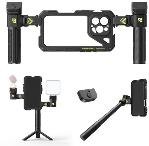 Freewell Genius Rig Cage pour iPhone 16 Pro | Installation sans Outil, poignées multifonctionnelles pour trépied et Monopode, télécommande Bluetooth