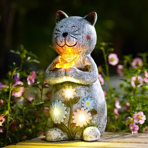 Yeomoo Katzen Deko Figur Garten – Stehende graue Katze aus Harz mit Schmetterling & Blumen, LED Solar Licht für draußen wetterfest – Solar Katze Gartendeko Figur, Geschenk für Frauen Mama