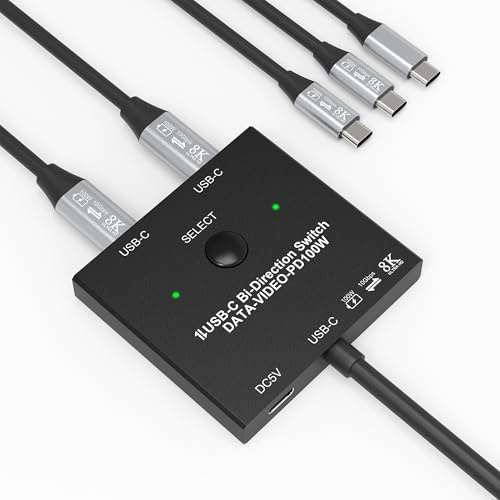 Switch bidirezionale 8K USB C Switch USB C per 2 computer, 8K@60Hz/4K@120Hz USB C Switch Splitter con 2 cavi USB-C, per ricarica 100W + 10Gbps dati + trasmissione video