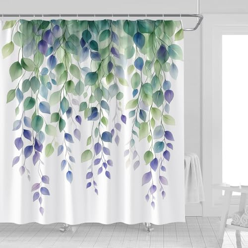 Purple and Sage Green Shower Curtain Watercolor Eucalyptus Leaf 70 x 70
