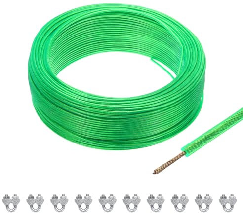 QUARKZMAN 3Mm (1/8 Pulgada) Cables de Acero Galvanizado Recubiertos de Vinilo Verde, 100M / 328 Pies de Cable de Cuerda de Alambre con 10Pcs M3 Fundas de Lazos para Colgar Luces