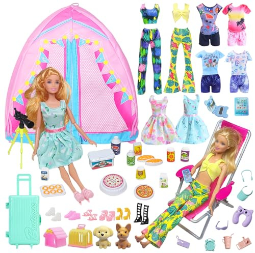 43 Kleidung Camping Sets Kompatibel mit Barbie 11.5inch Puppe, 1 Zelt 1 Liegestuhl 4 Oberteile 4 Hosen 1 Rock 1 Fernglas 1 Reisegepäck 24 Zubehör 6 Schuhe für 11,5 Zoll Puppe Mädchen Geschenk Zufällig