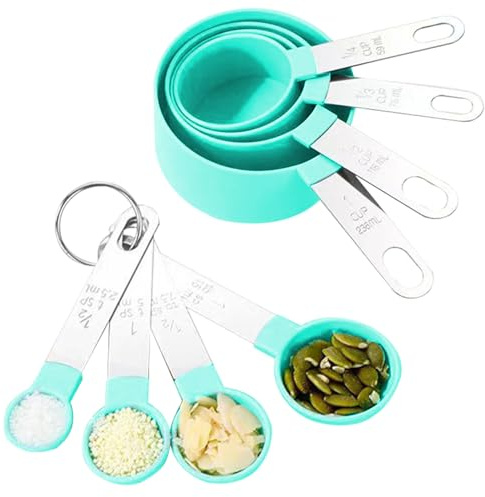 8-Piece Measuring Cups and Spoons Set, Stackable Stainless Steel Handle, Accurate Tablespoon Cups and Spoons Set for Measuring Dry and Liquid Ingredients Small Teaspoon with Metal Head(Turquoise)