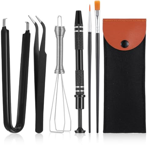 JJUNW Keyboard Remover Tool Kit-6-Piece Set, Keycap Puller, Switch Puller, Lubricating Pen, Cleaning Brush, Tweezers, 4-Jaw Gripper, and Key Cap Puller for Mechanical Keyboards with Black Felt Bag