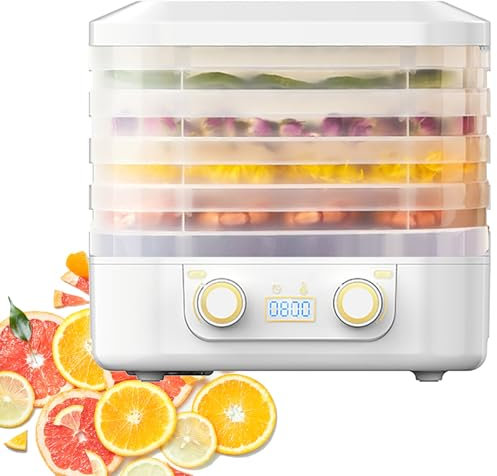 Déshydrateur Électrique 5 Plateaux, 160 W, 5 Sacs Hermétiques, Minuterie 48 H, Température Réglable de 35 À 70 °C, Amovible, pour Fruits, Viande Séchée Et Thé