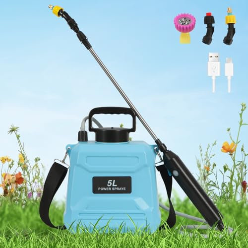 Chiidou Battery Powered Garden Sprayer 5L, Upgrade Powerful Electric Sprayers with 3 Mist Nozzles, USB Rechargeable Handle, Retractable Wand, Adjustable Shoulder Strap, Water Sprayer for Lawn, Garden