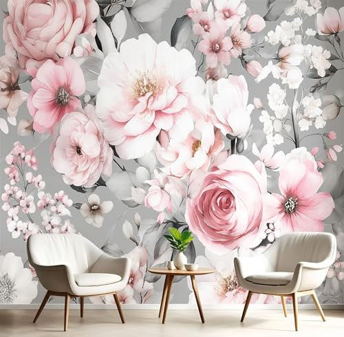 JEDTAKCT Carta Da Parati Fotomurale 150X105Cm Peonia Acquerello Fotomurali Panoramica, Piante Romantiche Rosa Cipria Decorazione Da Muro Poster Soggiorno Camera De Letto Sala Ufficio