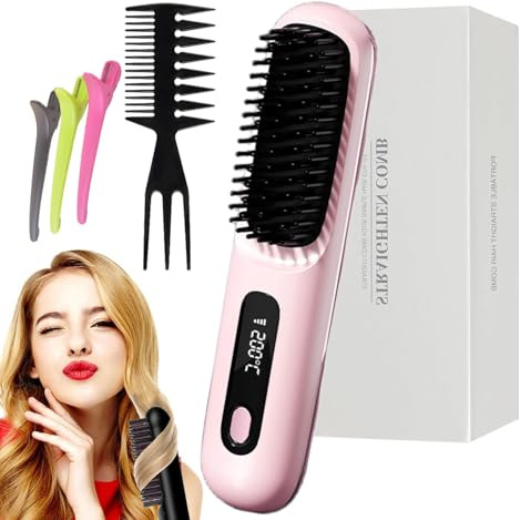Tragbare Bürste – Glätten, Locken, Trocknen, Haarglätter Bürste Kabellos zum Glätten mit LED-Anzeige, 3 Temperatureinstellung-160/180/200°C, Haarpflege mit Keramikbeschichtung (Rosa)