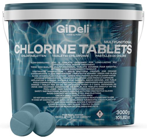 GiDeli chlortabletten für Pool tabletten 200g multitabs 5 in 1 langzeit 5-Phasen Sichere und effiziente Pflege & Reinigung für kristallklares poolwasser & Whirlpool 3 kg