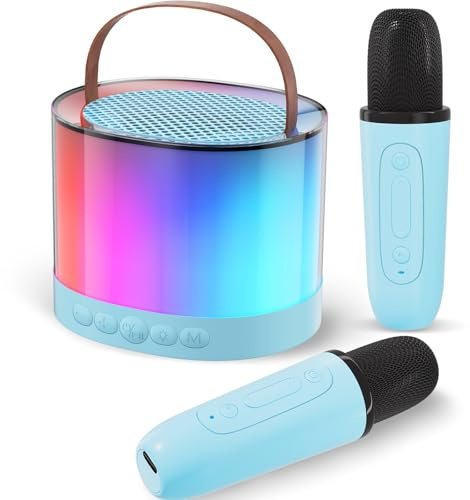 MUEZDUR Karaoke Machine with 2 Microphones, Gift for Girls and Boys Age 5-12 Year Old, Magic Sound Microphone Birthday Presents with LED Lights (Blue)