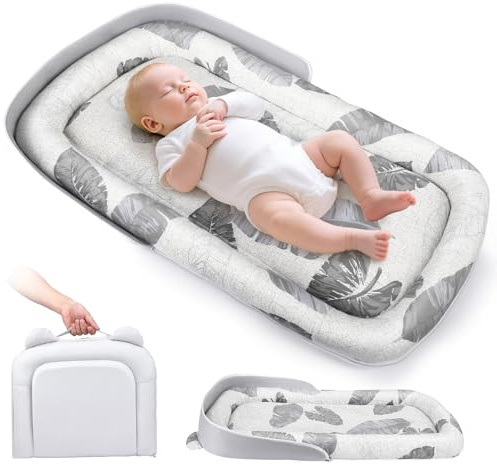 Zweiseitiges Babynest aus weicher & atmungsaktiver Bio-Baumwolle - Tragbares Baby Nestchen mit Aufbewahrungstasche für Neugeborene