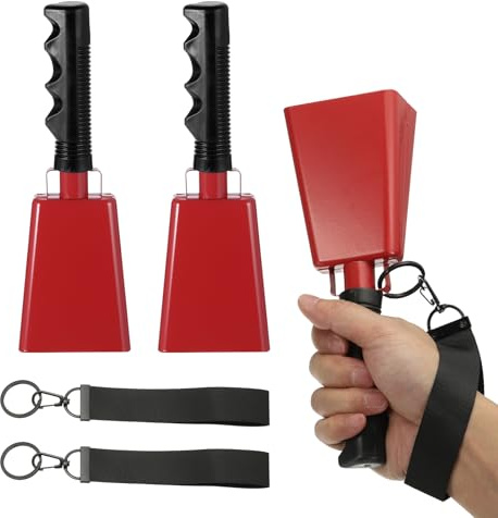 PATIKIL 9 Cow Bells for Football Game, 2Pcs Cowbells for Sporting Events Bulk Loud Noise Makers Metal Cow Bell with Handle with Strap for Cheering Competition Marathon Wedding DIY, Red