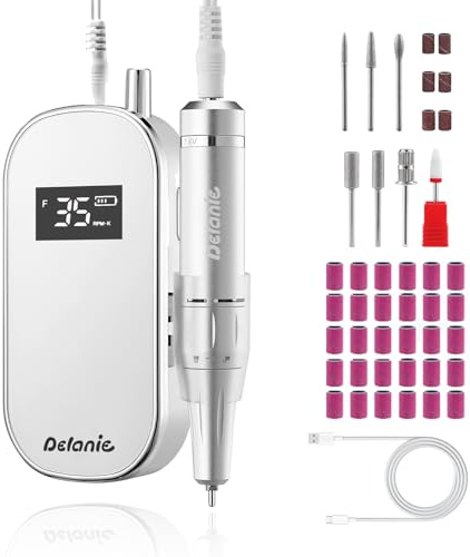 Delanie Elektrischer Nagelfräser 35000 Umdrehung, professioneller Nagelfräser für Gelnägel mit Gürtelclip, wiederaufladbarer Fräser Nägel mit Bits Set für Maniküre & Pediküre
