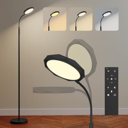 HOMCOM Lampada da Terra LED Regolabile con Telecomando Magnetico Nero | Controlli Touch, Testa Girevole a 360°, Regolazione Luminosità e Temperatura del Colore, per Camera e Salotto