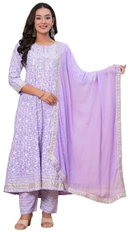 Women’s Cotton Anarkali Kurta Set | Floral Printed Long Kurti with Pant & Dupatta | Ethnic Wear for Festive, Casual & Daily Use (Medium, Purple)