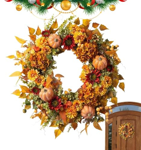 Autumn Door Wreath - Pumpkin Hydrangea Autumn Leaf Garland Rustic Front Door | Realistic Farmer Wreath for Holiday Home, Living Room, Fireplace, Patio, Garden, Bedroom and Au