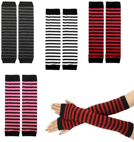Tikplus 4 Paare Gestreift Stricken Armwärmer Damen, Streifen Fingerlose Armstulpen Handschuhe, Damen Lange Fingerlose Handschuhe für Punk, Rock Stilabstimmung
