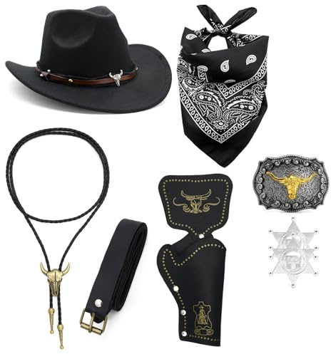 Elnwnnkc 8 Stück Cowboy Kostüm Zubehör Für Kinder Und Erwachsene Hüte Schnalle Gürtelholster Bandana Abzeichen Western Outfits Western Kostüm