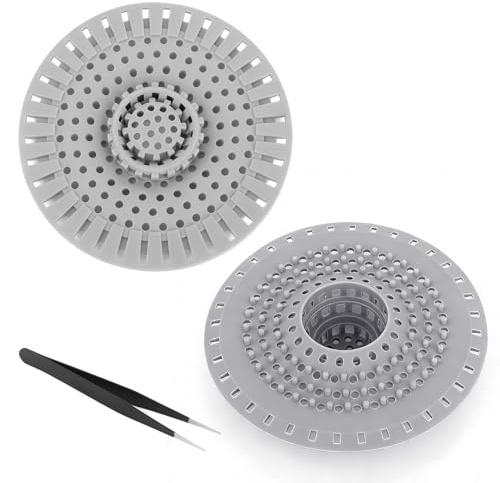 Dräneringssil silikon, 2 stycken hårsil dusch, rund hårfångare dusch, avloppssil tvättställ, avloppssil handfat strainer, med rengöringspincett, för badrum badkar och kök, grå
