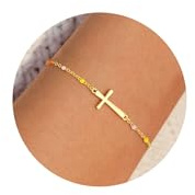 Turandoss Bracelet croix en or pour femme, délicat plaqué or 14 carats, bracelet croix de Marie, bijoux chrétiens personnalisés, cadeaux pour femmes, adolescentes, filles