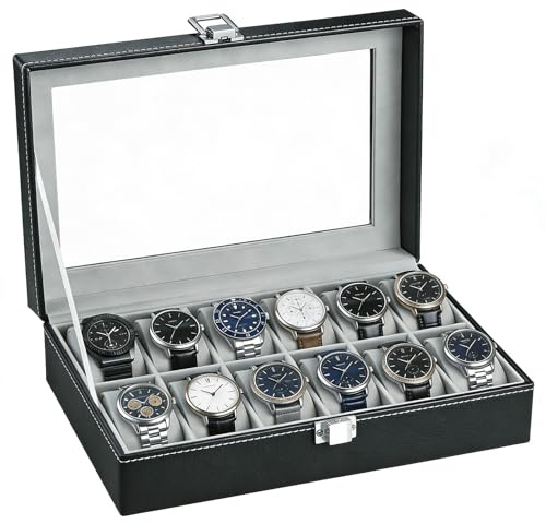 RDDAIPE Boite a Montre 12 Compartiments, Boîte à Montres Homme Femme avec Couvercle en Verre, Coffret Montre, PU Boite Rangement Montre, Cadeau pour Anniversaire Fête des Pères Noël, Gris