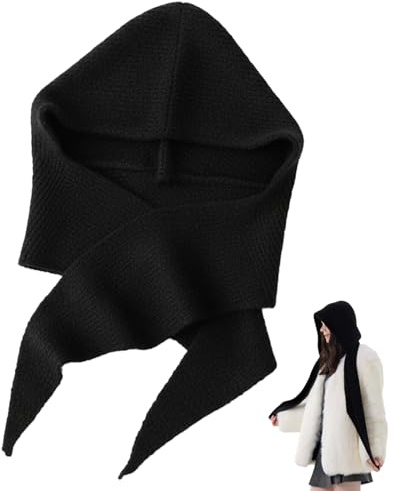 Bemonew Bufanda con capucha para mujer, cálida y suave, mezcla de lana, gorro de punto, elegante chal de invierno de ganchillo, color negro