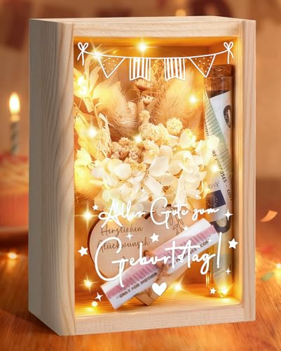 Geburtstagsgeschenk für Frauen, Geldgeschenke Geburtstag | Geldgeschenk Verpackung Geburtstag,Holzbox mit Trockenblumen Lichterkette,Geschenk Geburtstag Frau Mädchen