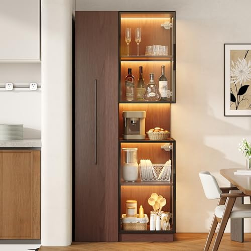 REXO Vitrina de 70 × 38 × 160 cm con estante extensible, vitrina de doble cristal con LED, armario de MDF en imitación de nogal, armario alto multifuncional para salón, comedor y cocina, color marrón