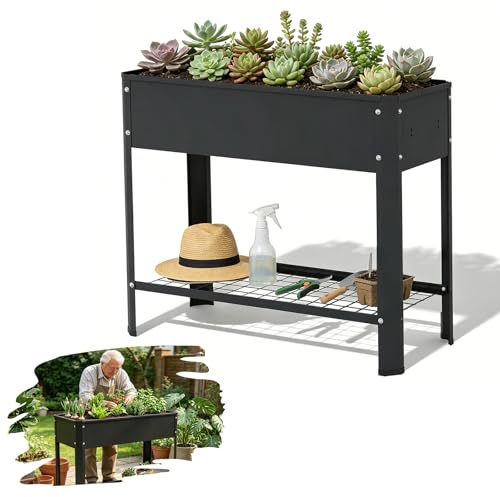 YRHome Hochbeet 80x35x80 cm aus verzinktem Stahlblech, Pflanzkasten Schwarz, rückenfreundliches Gartenbeet für Balkon Terrasse Garten, wetterfest rostbeständig mit Ablage