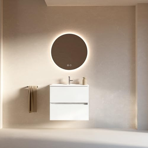 Feel Your Bath Mueble de Baño Lion 60 cm Blanco Brillo con Encimera Blanca Brillo, con Espejo Redondo LED Antivaho, Lavabo, 2 Cajones Soft Close, Diseño Suspendido, Compacto para baños pequeños