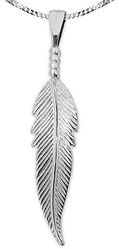 CLEVER SCHMUCK Damen Halskette mit Feder Anhänger 36 mm lang sehr plastisch an 3 Kügelchen gebunden Kette Panzer 50 cm 925 Sterling Silber im Schmucketui creme