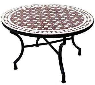 ORIGINAL Marokkanischer Mosaiktisch Couchtisch ø 80cm Groß rund | Runder Kleiner Mosaik Gartentisch Mediterran | ALS Tisch Beistelltisch für Balkon oder Garten | Estrella Bordeaux Weiss